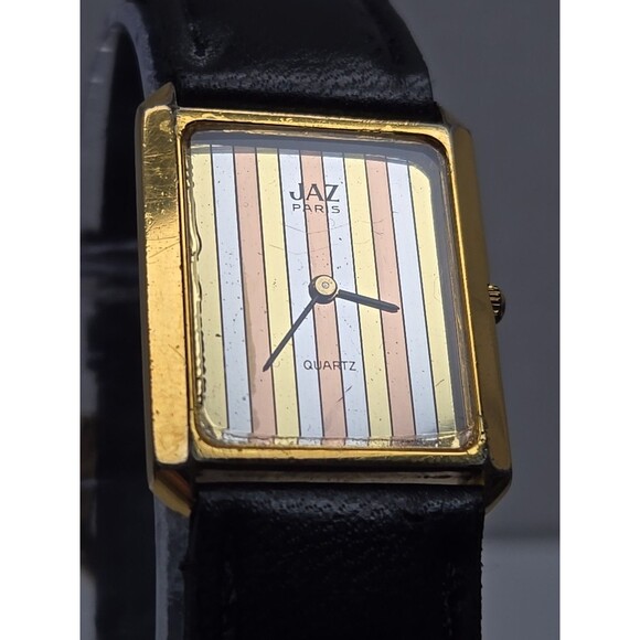 Vintage Jaz Paris Womens Tank Quartz Watch Gold Tone Stripe Dial New Battery - Picture 4 of 12